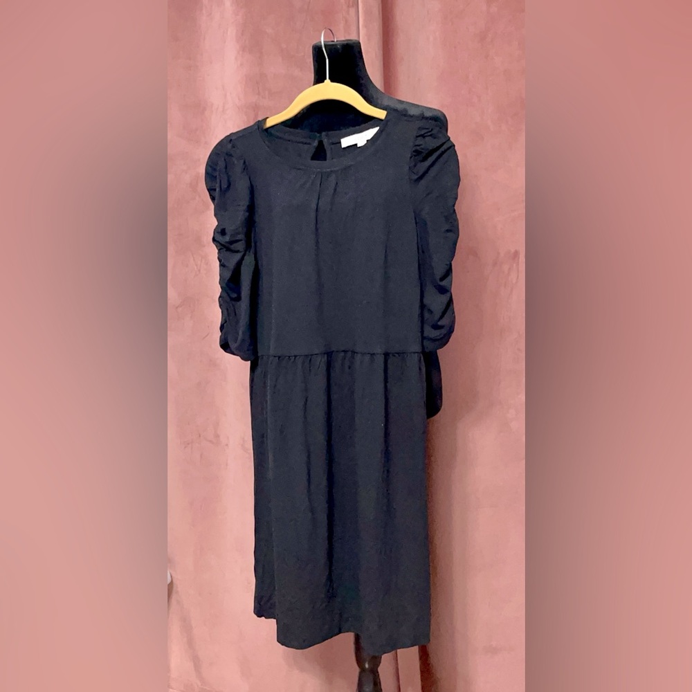 Loft | XS | Baby Doll Short Ruched Sleeve Dress | Black | NWT